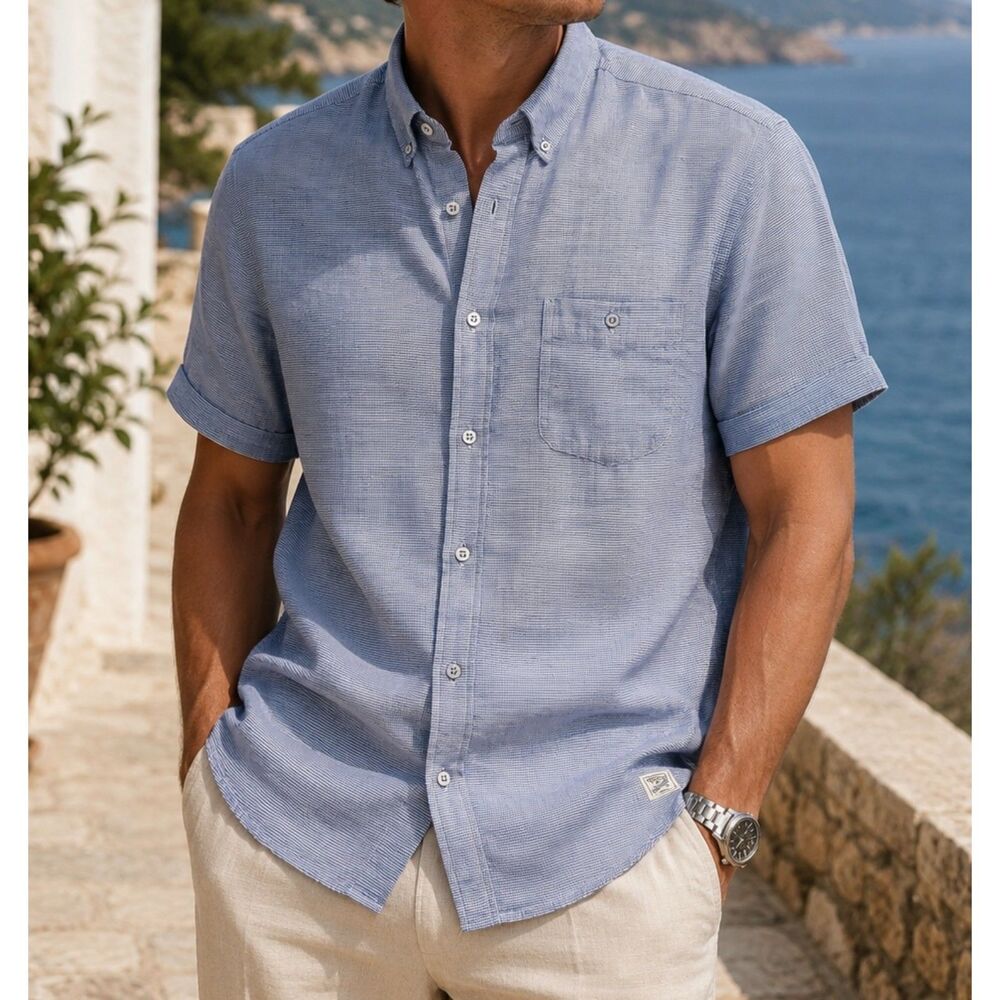 Weatherproof Vintage Mens Large Blue White Dobby Stripe Linen Cotton Shirt